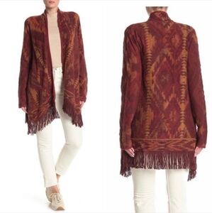 Lucky Brand Cozy Red and Orange Cardigan with Bohemian Fringe NWT Size XS